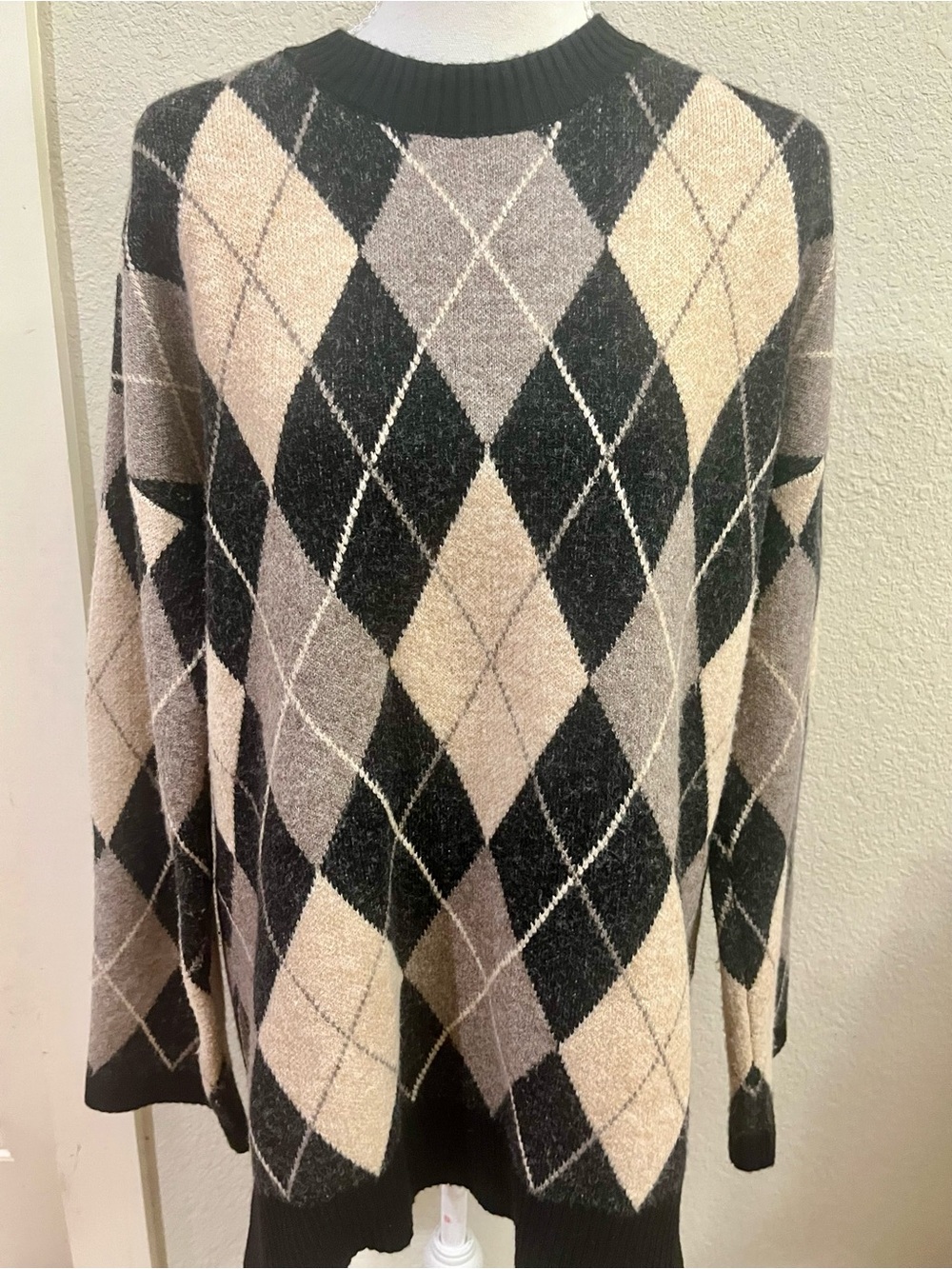 MEROKEETY Geometric Argyle Pattern Oversized Crewneck Sweater Size M